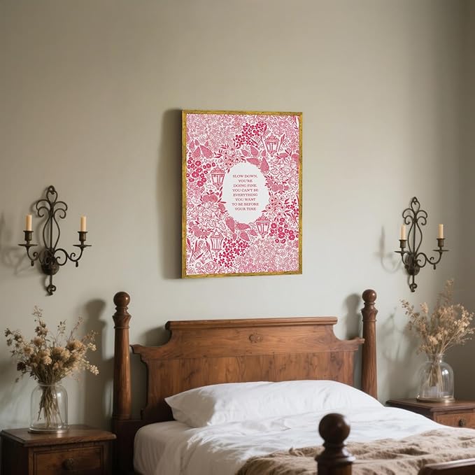 Slow Down You're Doing Fine Music Posters Motivational Quote Pink Wall Art Vintage Floral Positive Daily Reminder Song Lyrics Canvas Print Aesthetic Office Home Decor 8x12inch Golden Framed