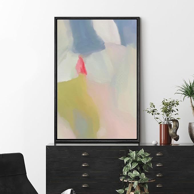 MUDECOR Framed Canvas Print Wall Art Green Blue Pastel Watercolor Collage Abstract Shape Illustrations Modern Art Decorative Bohemian Colorful Chic for Living Room, Bedroom, Office - 16"x24" Black