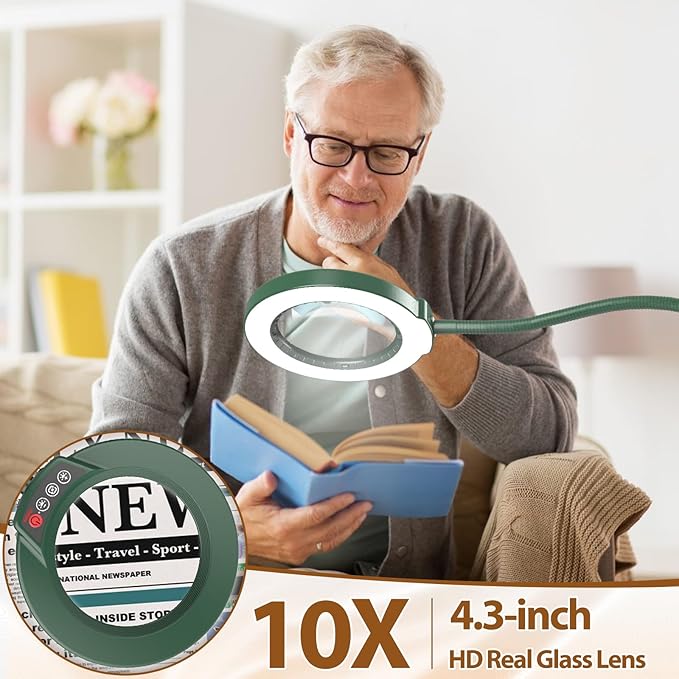 10X Magnifying Glass with Light and Stand, 24" Flexible Gooseneck Magnifying Floor Lamp, 3-in-1 LED 5 Color Modes Stepless Dimmable Lighted Magnifier Hands Free for Close Work, Reading - Green