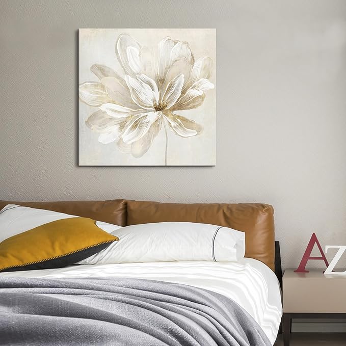 SEVEN WALL ARTS White Flower Wall Art Beige and Gold Blooming Flower Abstract Floral Artwork Print Poster for Living Room Bedroom Bathroom Home Office Wall Decor 24"x24"