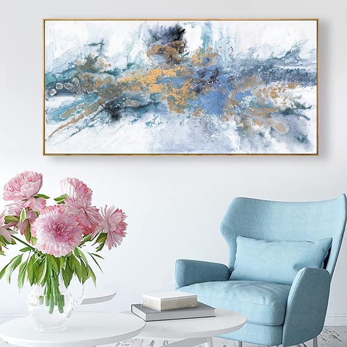 Abstract Navy Blue Canvas Wall Art 40x20in - Framed Artwork for Living Room Bedroom - Modern Colorful Fantasy Painting Ready to Hang Home Decor