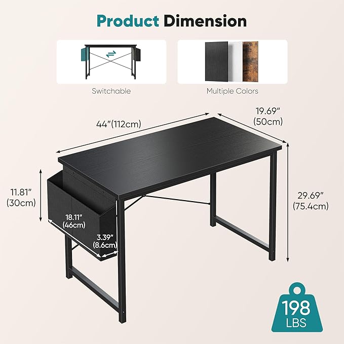 OLIXIS Computer Desk 44 Inch Home Office Desks for Small Spaces, Gaming Writing Study Work Table with Storage Bag and Headphone Hook for Bedroom, Black