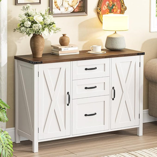 Farmhouse File Cabinet with Doors, Lateral Filing Cabinet with 3 Drawers for Letter/A4 Size Hanging Files, Large Wooden Printer Stand with Adjustable Shelves for Home Office, Rustic White