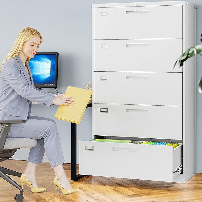 5 Drawer Lateral File Cabinet with Lock, Metal Filing Cabinets for Home Office, Wide Locking File Caninets, White Office Storage Cabnet for Hanging Letter/Legal / A4 / F4 - Assembly Required