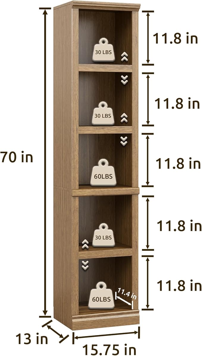 70" Tall Bookcase, Oak Narrow Floor Standing Bookshelf, 5 Tier Shelves Open Storage Organizer, Book Case for Living Room Hallway Kitchen Home Office Bathroom, Vintage Oak- 5 Tier