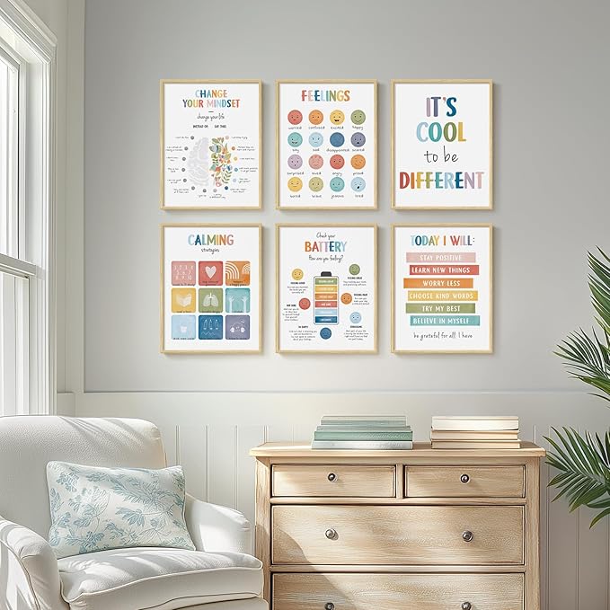 Framed Inspirational Wall Art, 6 Piece Motivational Canvas Wall Art Prints for Therapy Office, Positive Affirmations Wall Decor for Counseling Office Psychologist Kids Playroom, 11x14 Inch