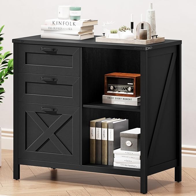 Farmhouse Lateral Filing Cabinet with 3 Drawers and Open Shelf, Lateral File Cabinet with with File Drawer for Letter/A4 Hanging File, Large Printer Stand for Home Office, Living Room, Rustic Black