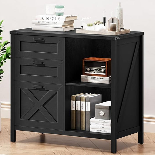 Farmhouse Lateral Filing Cabinet with 3 Drawers and Open Shelf, Lateral File Cabinet with with File Drawer for Letter/A4 Hanging File, Large Printer Stand for Home Office, Living Room, Rustic Black