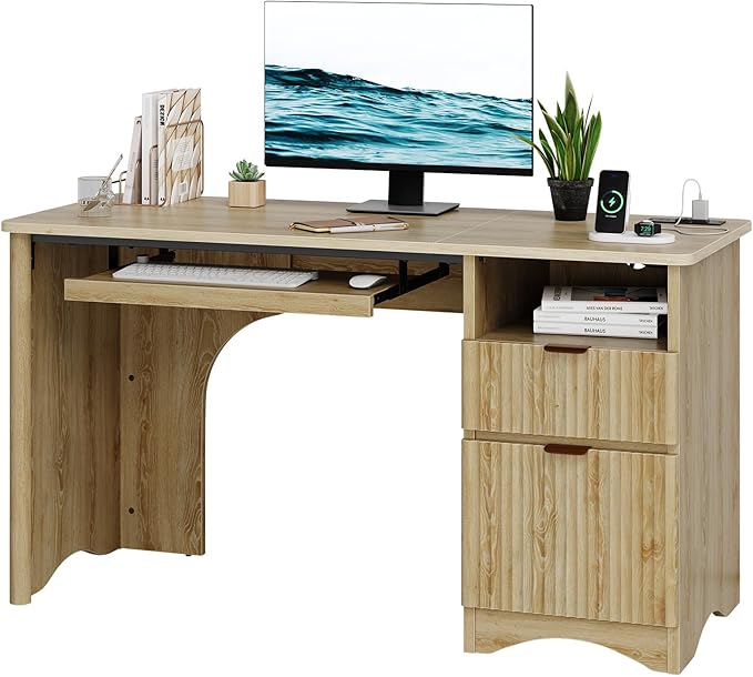 Bestier Computer Desk with Drawer, 55 inch Office Desk with Power Outlet, Modern Home Office Desk with Keyboard Tray (Natual Oak, 55" W with Single-Sided Drawers)