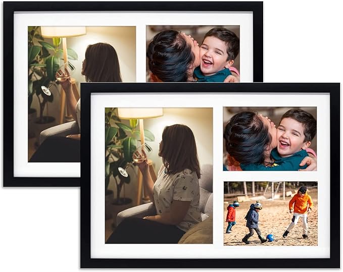 Golden State Art, Set of 2, 12x17 Black Wood Picture Frame - White Mat for 8x10 And 5x7 Photos - Tempered Glass, Sawtooth Hanger, Swivel Tabs - Wall Mounting - Great for Gift