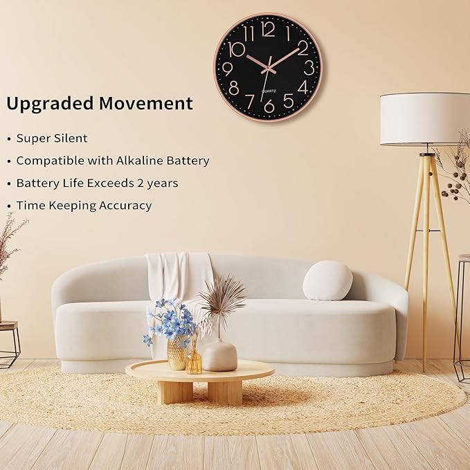 Foxtop Modern Wall Clock 12 Inch Non-Ticking Silent Battery Operated Round Quartz Rose Gold Wall Clock for Office Bedroom Living Room Kitchen Home School Decor (Black Dial)