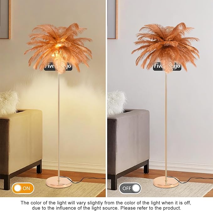 Feather Floor Lamp for Living Room, Fluffy Ostrich Feathers Lamp, Rose Gold Color Body, 3 Color Temperatures Modern Funky Arc Tall Standing Lamp for Bedroom Inclued Bright LED Bulbs (Brown)