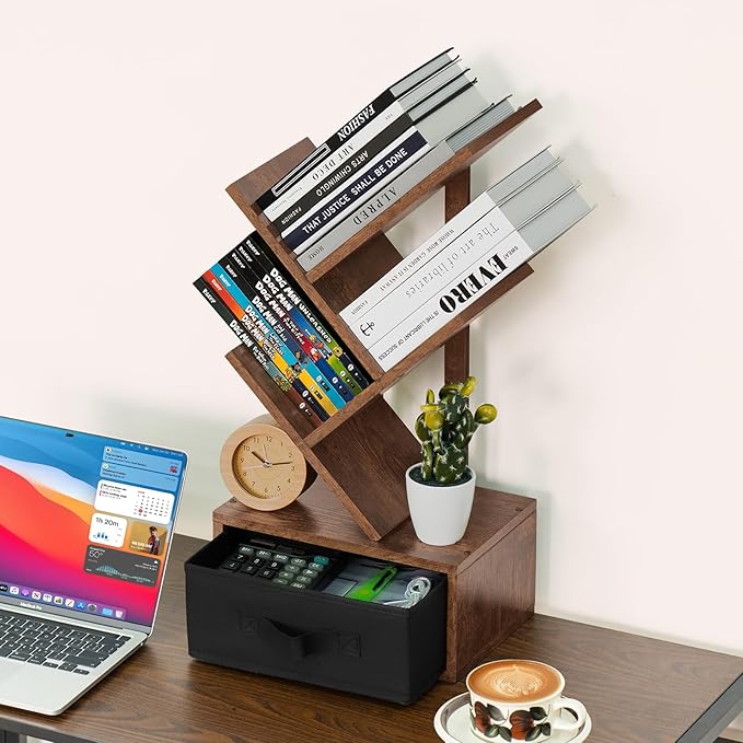 Small Bookshelf with Drawer,4 Tier Tree Book Shelf,Wood Desk Bookshelves,Modern Free Standing Desktop Display Shelves,Brown Floor Standing Organizer Bookcase for Living Room,Bedroom,Office