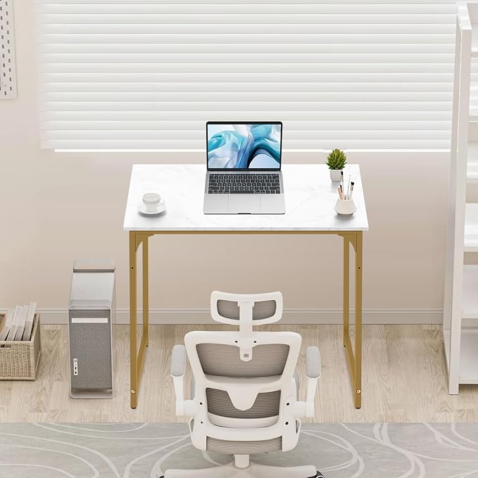 Computer Desk, 32 Inch Office Desk with Metal Frame, Home Office Desk, Modern Simple Style for Small Space Home Office, Living Room, Bedroom, White Gold