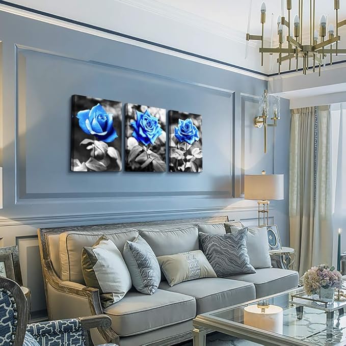 DZRWUBHS Canvas Prints Wall Art For Living Room Family Wall Decor For Kitchen Black And White Pictures Artwork Blue Rose Flowers Wall Paintings Modern Office Bedroom Room Home Decorations 3 Pieces