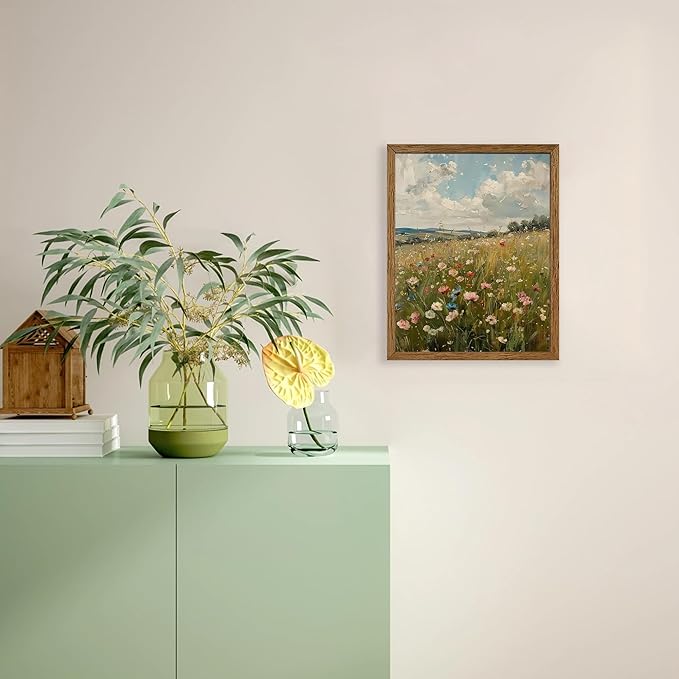 AVECCO Vintage Peaceful Wildflower Canvas Wall Art, Nature Floral Artwork Landscape Wall Decor, Colorfu Botanical Art Prints for Bedroom Living Room Office Home Decoration 8x10 Inches Wood Framed