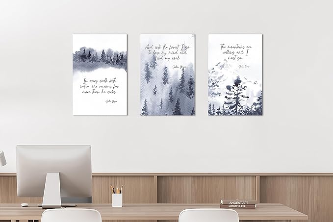 3 Piece Office Canvas Wall Art, Motivational Quotes Blue Forest Canvas Print Pictures Wall Decor for Office, Men Women Inspirational Framed Artwork Home Office Decor 12"x18" x 3 Pcs