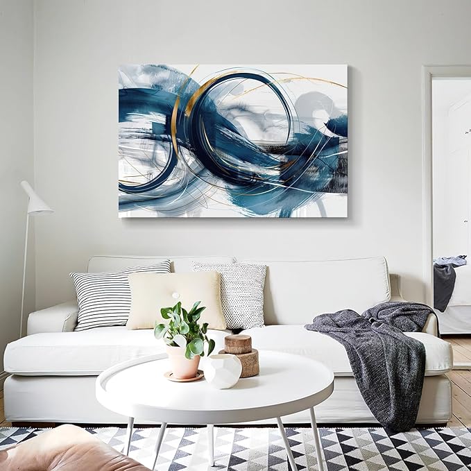 gaosoul Modern Abstract Canvas Wall Art Dynamic Blue Gold Lines Doodled on White Background Paintings Framed Minimalism Artwork Prints for Living Room Bedroom Office Decor 48x32in