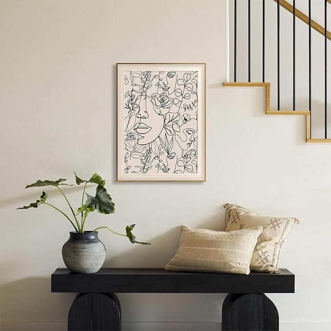 ASTRDECOR Abstract Framed Wall Art, Minimalist Boho Art Prints Women Portrait Line Art Wall Decor, Mid Century Wall Prints, Boho Wall Art Canvas, Neutral Black Beige Bedroom Decor - 12''x16''