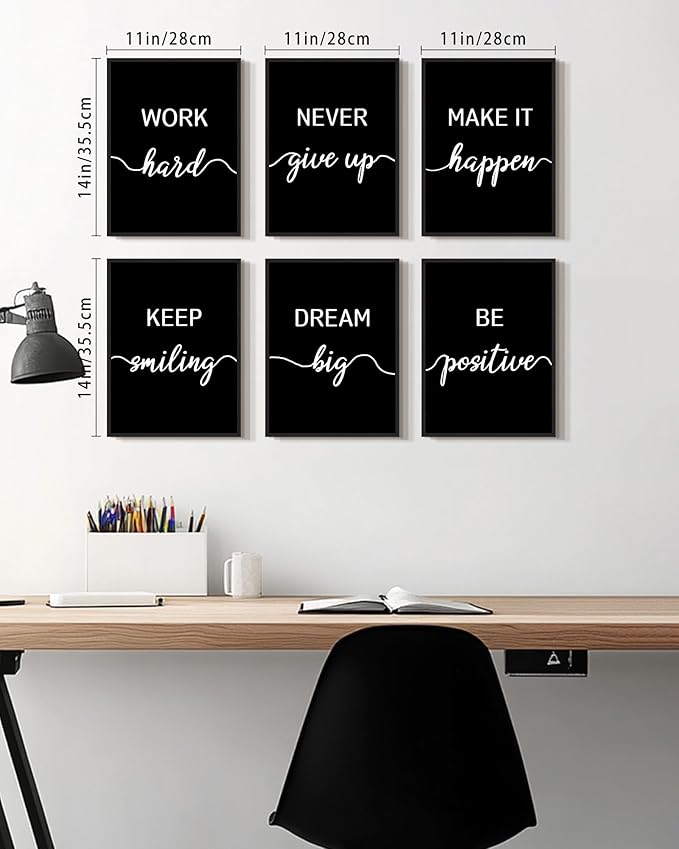 KUVIOKE Inspirational Office Wall Decor Motivational Quotes Framed Wall Art Encouraging Positive Affirmations Sayings for Kids Classroom Bedroom Ready to Hang Set of 6, 11x14in (Black Framed)