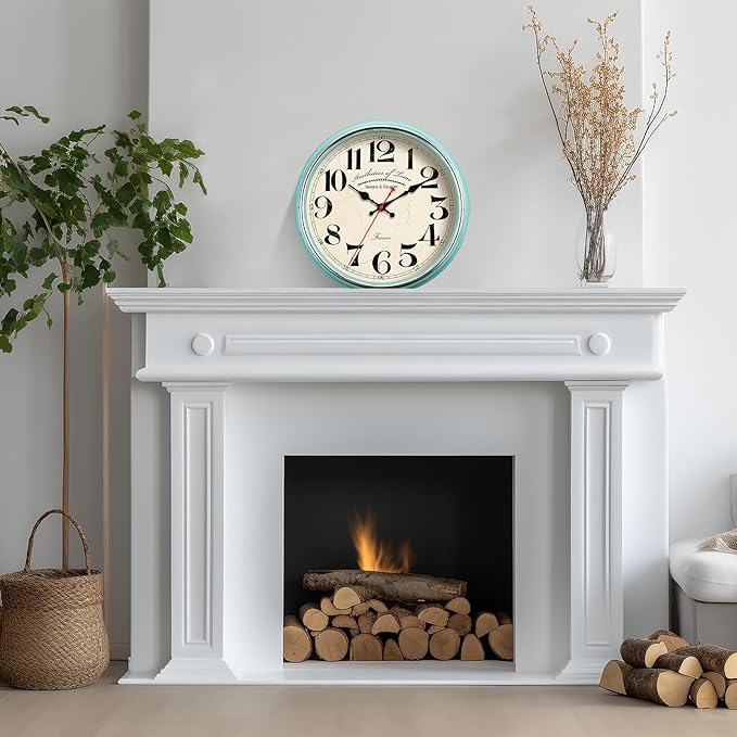 Countryside Wall Clock Metal 12.4" Vintage Retro Wall Clocks Silent Non Ticking Easy to Read for Living Room, Kitchen, Bedroom, Office, Bar(12.4" Turquoise)