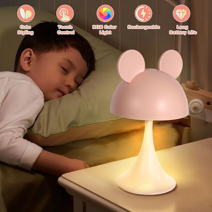 Rechargeable Mouse-Shaped LED Bedside Lamp – Kids Room Night Light with Touch Dimming & 3 Color Temperatures (Pink)