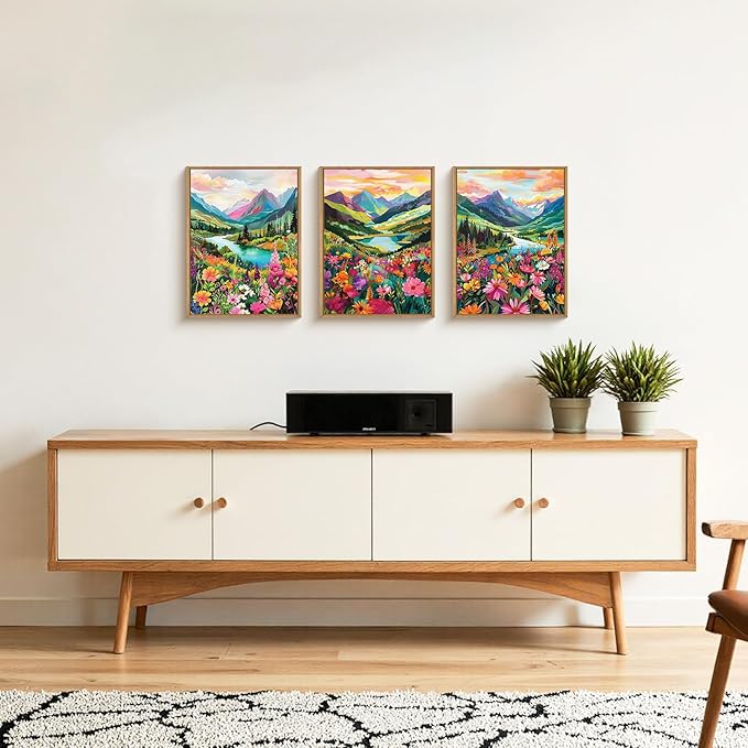Boho Wildflower Framed Canvas Wall Art,Abstract Mountain Landscape Wall Decor,Colorful Flowers Blossom Painting,Nature Botanical Artwork for Living Room,Bedroom,Office,Farmhouse - 12"x16"x3
