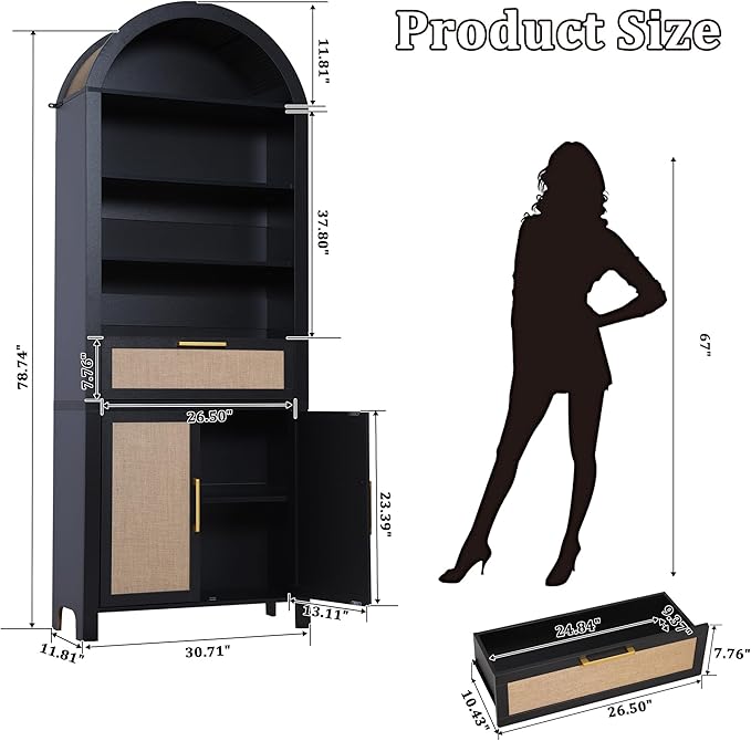 79" Tall Arched Bookcase with Storage, Mid Century Modern 6-Tier Cabinet with Door and Drawer, Arched Bookshelf with Open Display Shelf for Office Living Room(Black, 79inch-Doors)