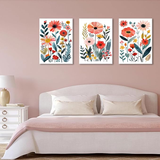 KISSFOX Framed Colorful Wildflower Canvas Wall Art Set Of 3 Flowers Pictures Prints Flowers Printing Floral Watercolors Flower wall Decor Living Room Girls Bedroom Bathroom
