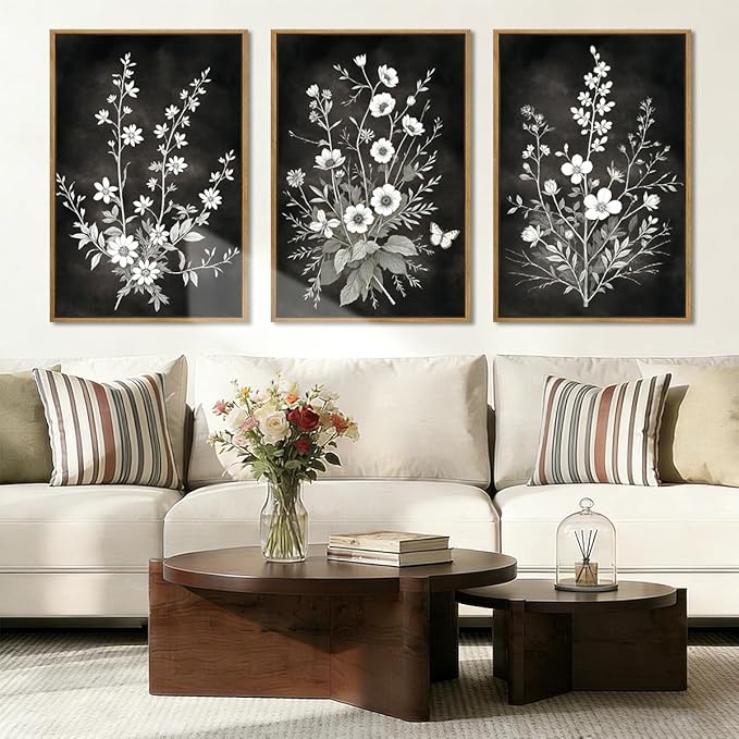 BINCUE Framed Black and White Floral Wall Art Set of 3 Botanical Wall Decor Flower Painting for Living Room Bedroom Office 16x24 Inches