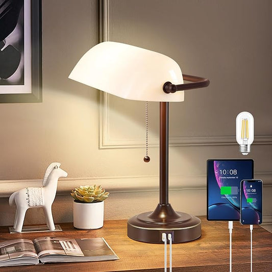 Vintage Desk Lamp Bankers Lamp - Plastic Lampshade Brown Retro Table Lamp with USB & Type C Charging Ports Traditional Library Lamp for Home Office Bedroom Nightstand Side Table Lamp(Bulb Included)