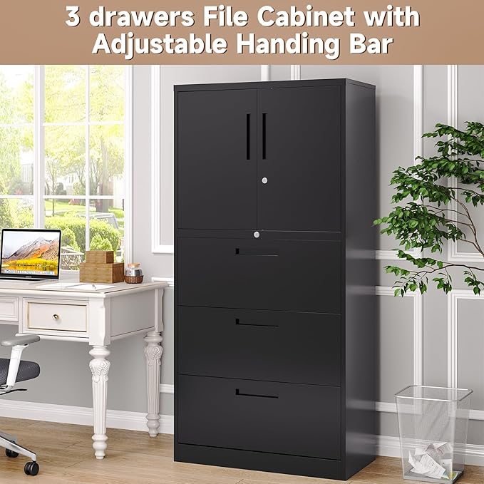 Metal File Cabinets, Lateral Filing Cabinet with 3 Drawers, 65" H File Caninet for Home Office, Office Storage Caninets with Adjustable Shelves for Letter/Legal / A4 - Assembly Required