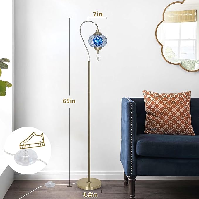Turkish Moroccan Floor Lamp, Tiffany Lamp with Handmade Mosaic Glass Shade, Bronze Base, Swan Neck Tall Standing Lamps for Living Room Bedroom Corner Light Home Decor, Blue