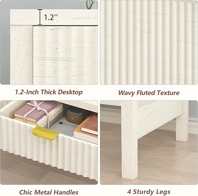 Fluted Computer Desk with 2 Drawers, 39 Inch Small Computer Desk with Storage, Compact Writing Study Vanity Desk for Small Spaces, White