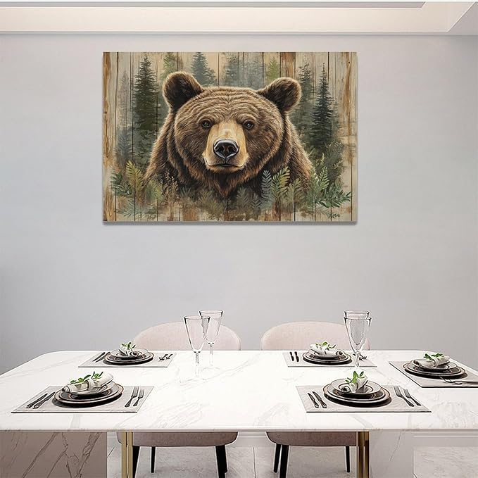 Farmhouse Bear Wall Art Rustic Forest Pictures Decor Woodland Wildlife Painting Canvas Print Modern Home Decoration Artwork for Living Room Bathroom Bedroom Office Framed 24"x16"