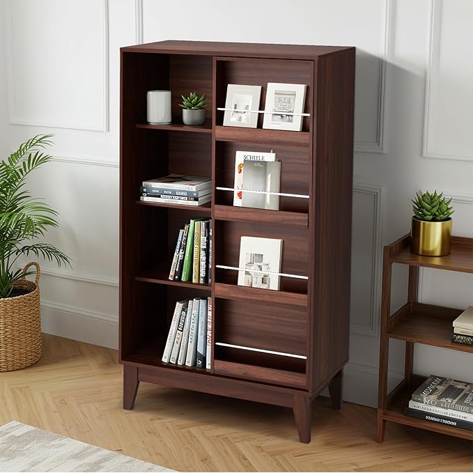 JOMEED 4 Tier Bookshelf with Sliding Door and Magazine Rack, Double Wide Modern Bookcase with Sturdy Legs, Floor Standing Display Book Cabinet for Living Room, Bedroom, Library, Office Walnut