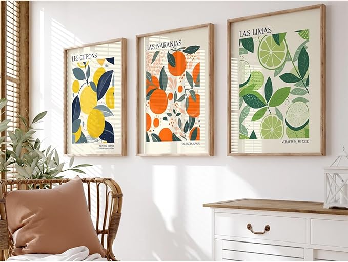 Fruit Market Wall Art Decor Kitchen Lemon Pictures Wall Art Fruit Botanical Prints Poster Orange Green Canvas Kitchen Artwork for Dining Room 16x24 Inch Unframed Set of 3