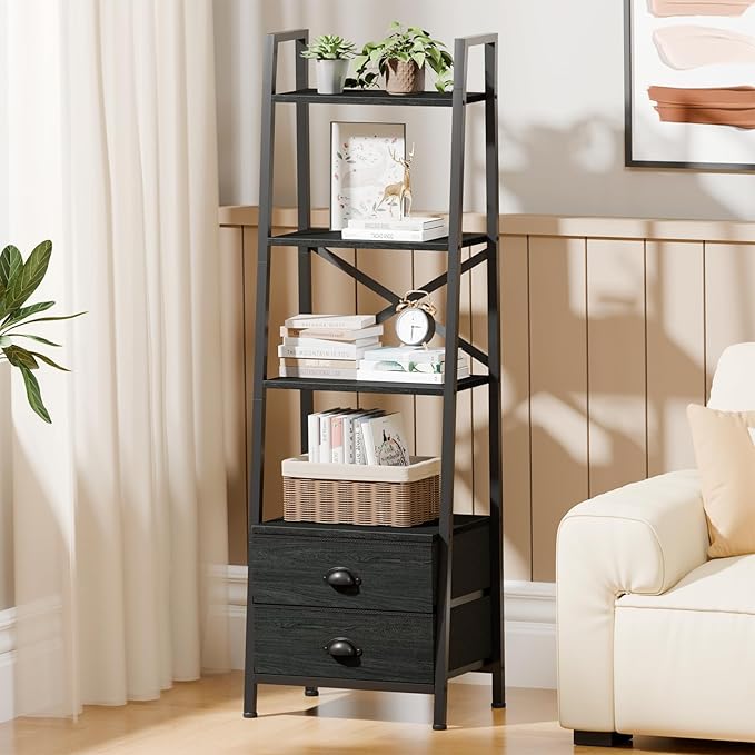 Furologee 4-Tier Ladder Shelf,Small Bookshelf with 2 Drawers,Vertical Bookcase Storage Rack Organizer,Display Bookshelves for Living Room,Bedroom,Bathroom,Home Office,Kitchen,Black Oak