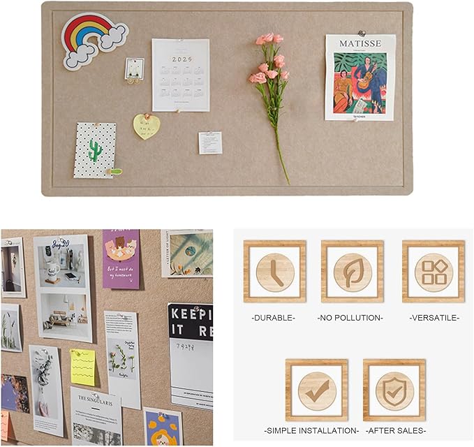 Foldable Bulletin Felt Board, 36x18 Inches Cork Board Alternative, Large Felt Board Decorative Pin Board for Wall, Foldable Photo Board Self-Adhesive Vision Board with 36 Pushpins Khaki