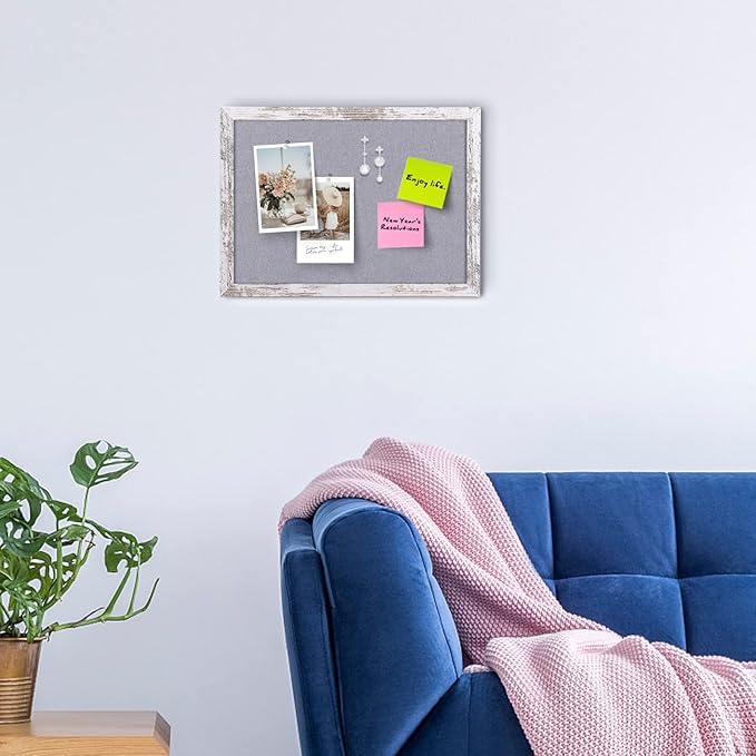 Gray Felt Bulletin Board, 14.2x10.2 inches Decorative Hanging Bulletin Boards for Walls with White Rustic Wood Frame, Pin Board Vision Board for Office Home School with Pins (2636,WH,2pc)