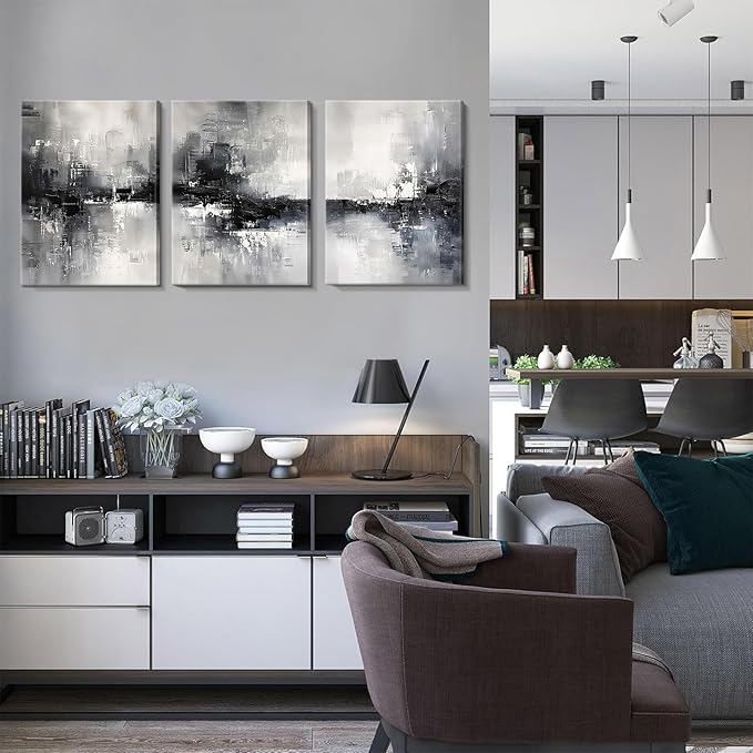 Dytila 3 Piece Large Black And White Abstract Canvas Wall Art for Living Room, Black And Grey Wall Decor, Modern Minimalist Art Print Pictures, Home Artwork - Dining Room Office Framed 12x16 Inch