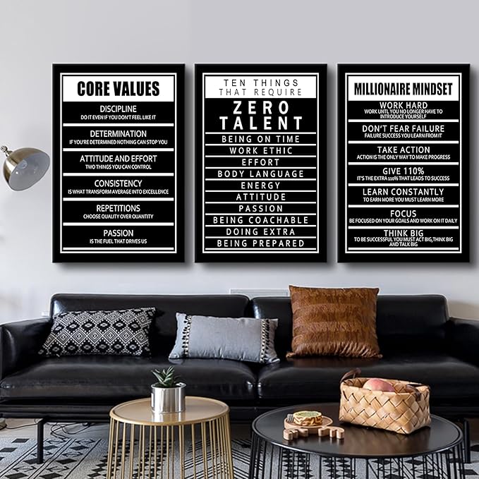 3 Pieces Inspirational Quotes Motivational Canvas Wall Art Picture Painting Ten Things That Require Zero Talent and Core Values Poster Print for Living Room Office Artwork Ready to Hang [72''Wx36''H]