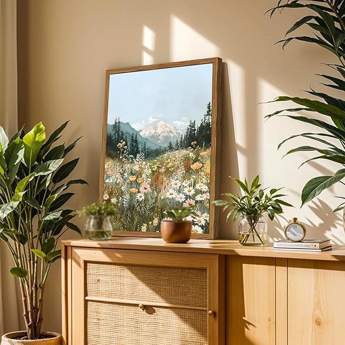 Framed Boho Landscape Wall Art, Colorful Floral Mountain Pictures Wall Decor, Vintage Wildflower Nature Paintings Canvas Prints Rustic Home Decor for Living Room Bedroom Office 12x16 inch