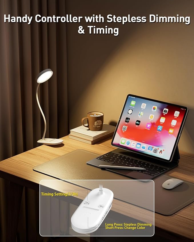 Diomart Rechargeable LED Desk Lamp, Clip on Dimmable Reading Light with Timer, Red Light Sleep Aid Bedside Lamp for Workbench, Kids, Studying, Home