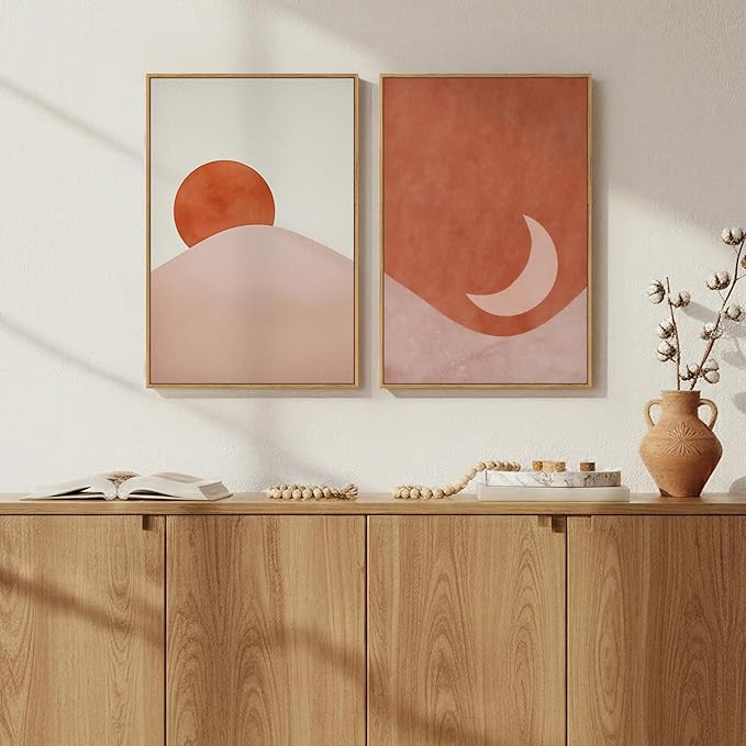 Framed Boho Sun and Moon Wall Art Set of 2 for Living Room, Terracotta Blush Mid Century Modern Canvas Artwork for Walls, Bohemian Abstract Minimalist Wall Decor for Bedroom Home Office, 16x24 Inch