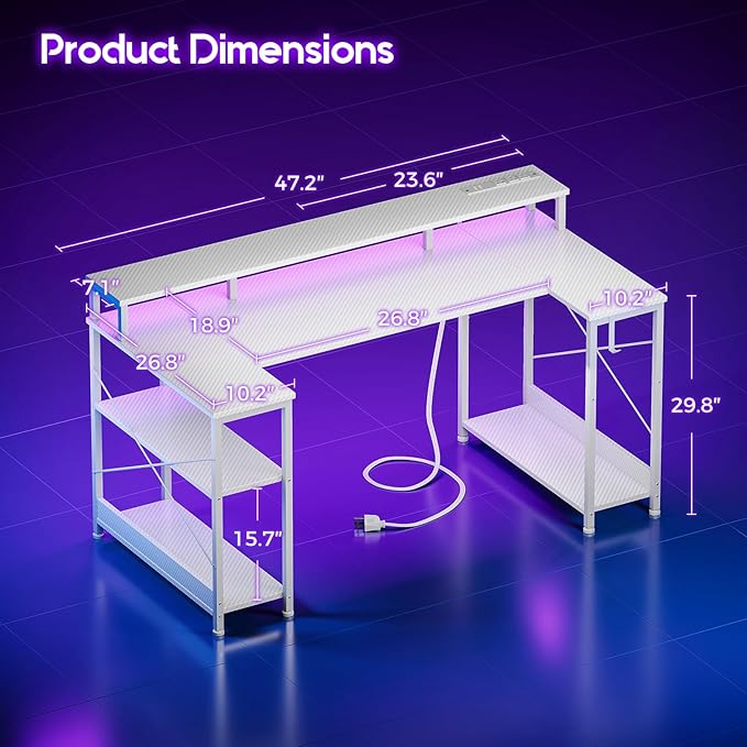 ODK 48 Inch Gaming Desk with LED Lights and Power Outlet, U-Shaped Computer Desk with Monitor Stand and Storage Shelves, PC Gamer Table for Home Office, Carbon Fiber White