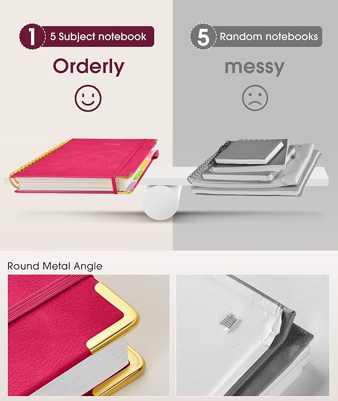 Hardcover Spiral Notebook 8.5"x11" Journal with Removable Dividers Tabs, 300 Pages Leather 5 Subject Notebook College Ruled, Large A4 Notebooks for Work School, Lined Journal for Women, A4 Rose