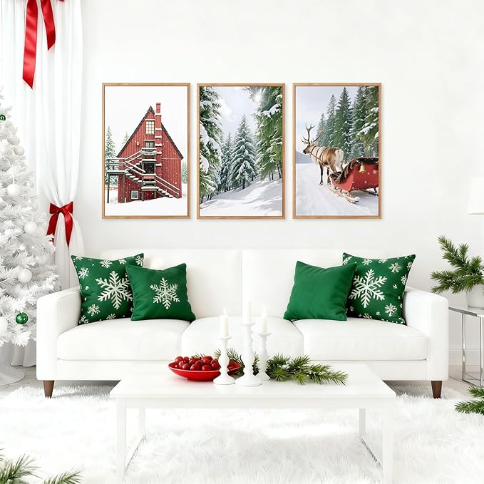 CHDITB Christmas Framed Canvas Wall Art(16"x24"), 3 Panels Farmhouse Winter Snow Forest Landscape Artwork Prints, Large Rustic Reindeer Sleigh Cabin Cottage Decor for Home Office Bedroom