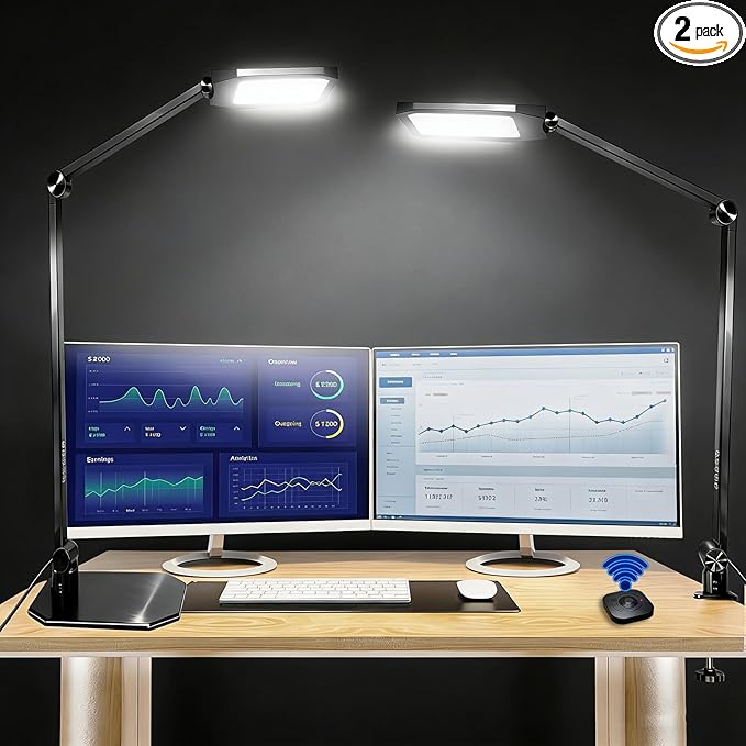Pro LED Desk Lamp with Remote Control, Eye-Caring CRI95+ Dimmable Light, 3000K–6000K Adjustable Color Temperature, Flexible Angle, Clamp or Base Mount, for Home Office, Reading & Video Calls, 2 Pack