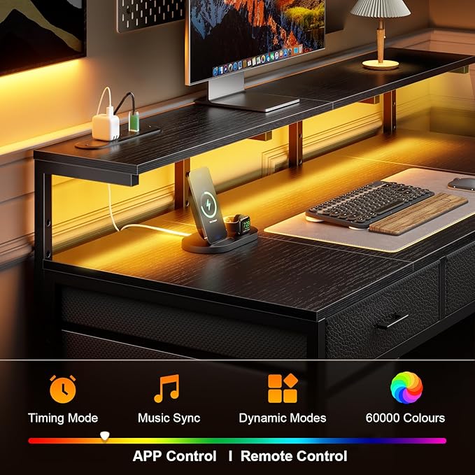 HLDIRECT 47 inch Computer Desk with 8 Storage Drawers, Gaming Desk with LED Lights & USB Power Outlets, Home Office Table with Monitor Stand, Study Writing Work Table for Bedroom, Black